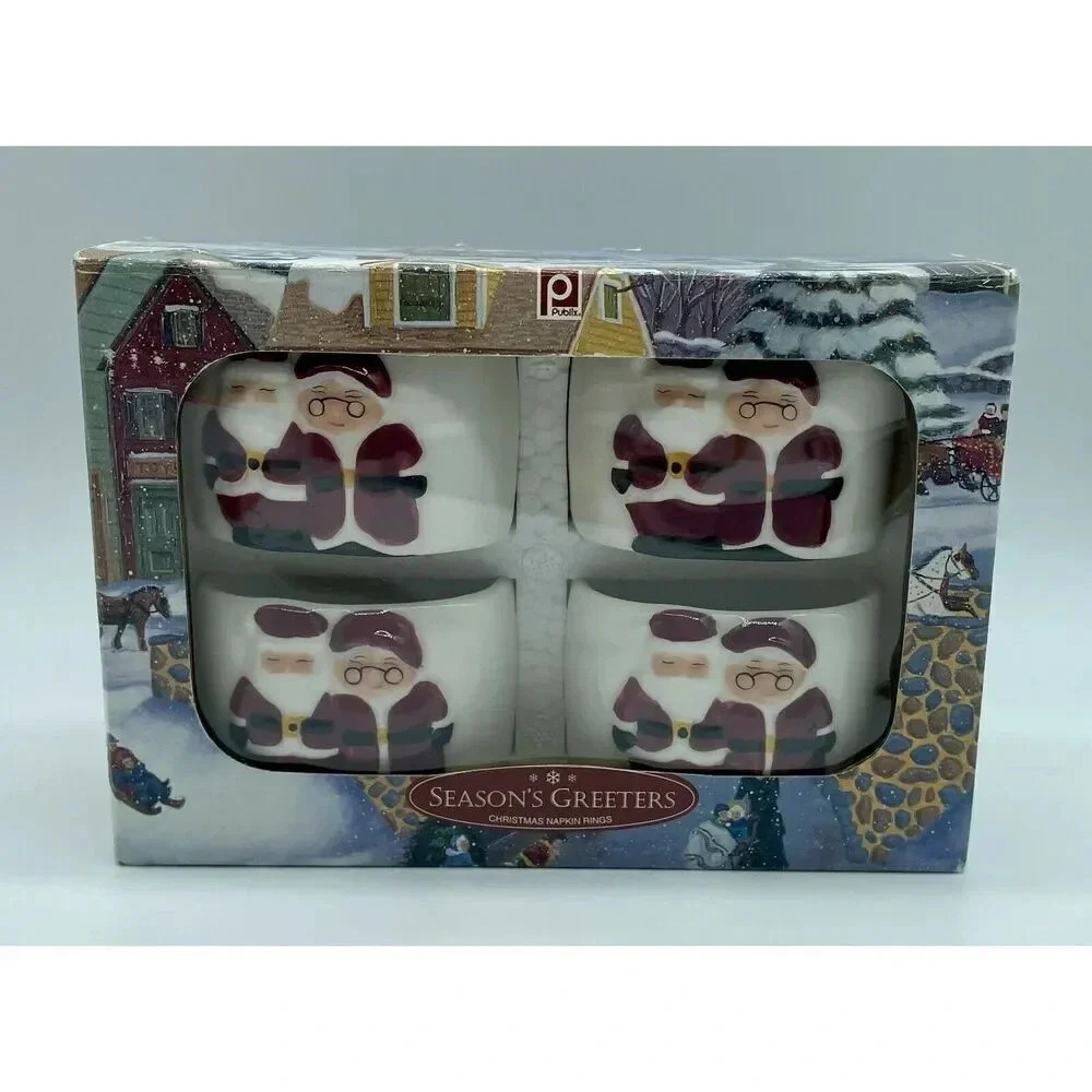 Christmas Publix 4 Pack Santa Mrs. Claus Ceramic Napkin Rings in Original Box‎
